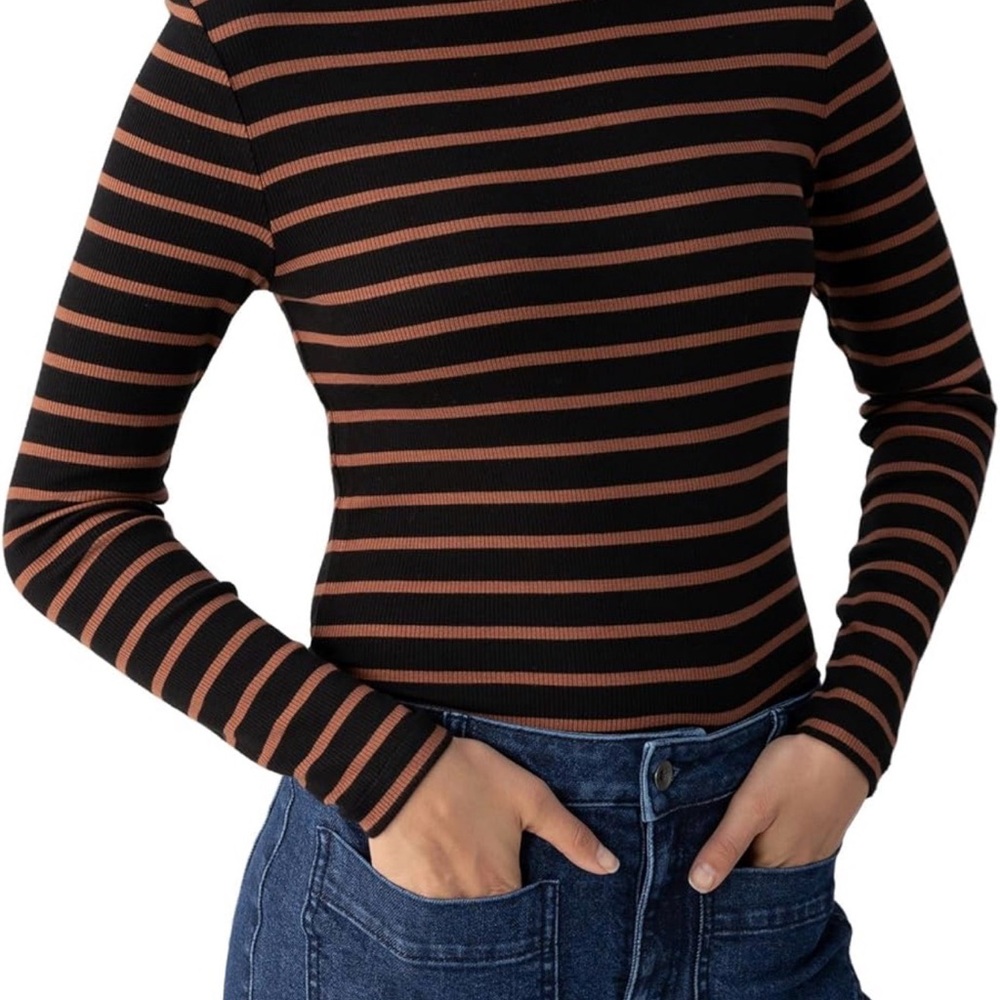 Sanctuary Black and Brown Striped Long Sleeve Top